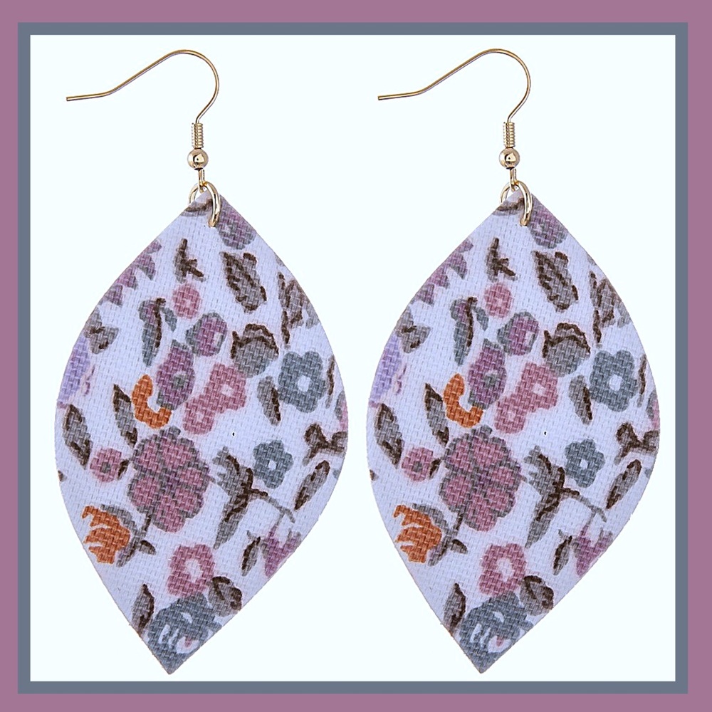 Faux Leather Violet Floral Print Oval Earrings NWT